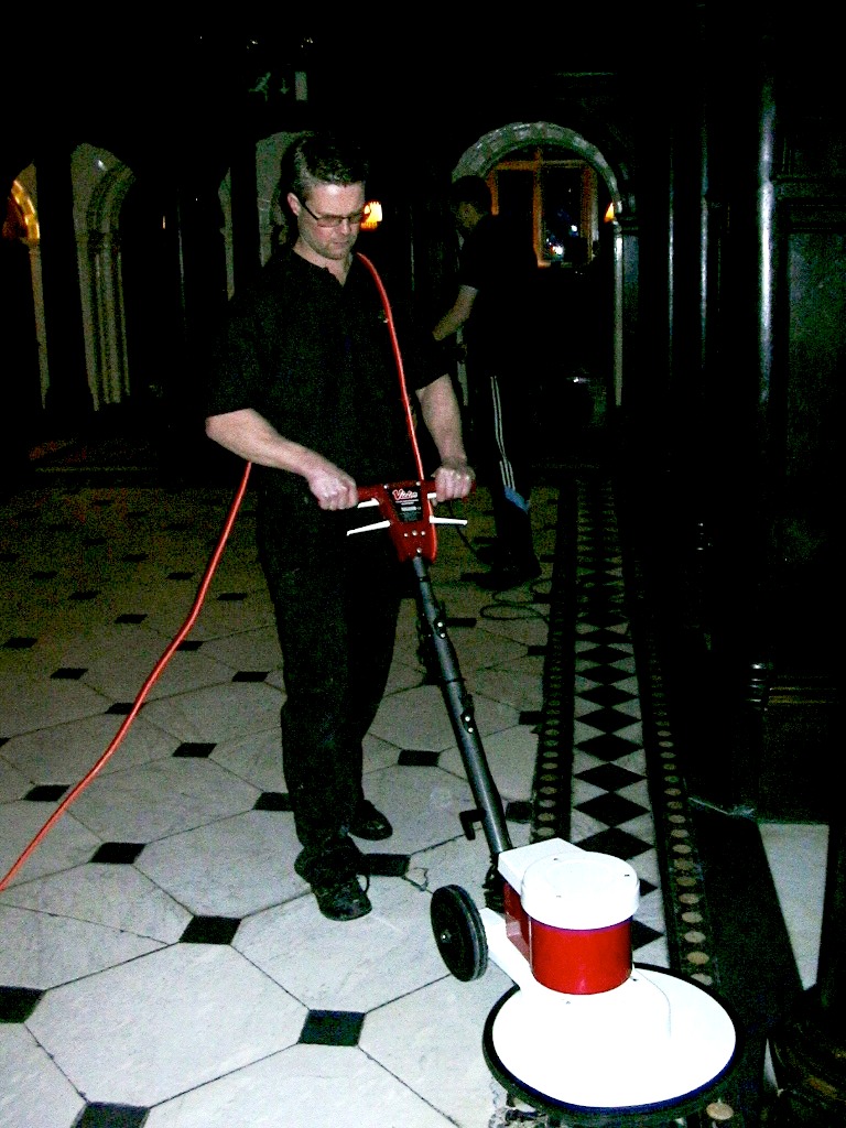 Cleaning marble floors at Crewe hall in Cheshire