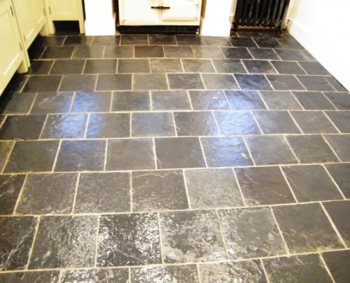 Slate kitchen floor after cleaning and sealing
