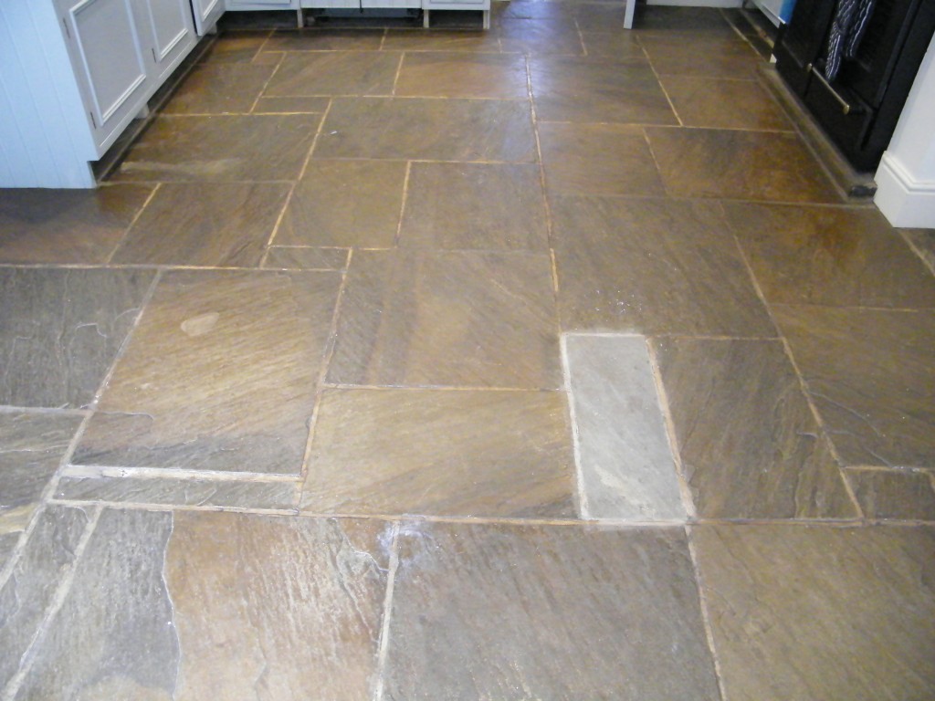 Stripping cleaning and sealing of Stone Kitchen floor in Kerridge