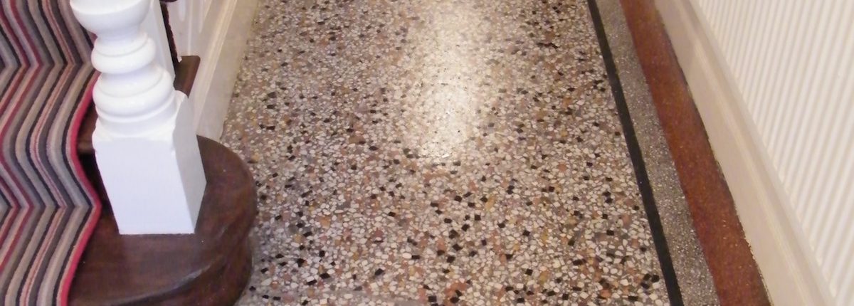 Terrazzo floor after sealing repairing and polishing