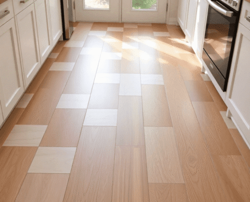 A bright kitchen floor with sections of ceramic tiles, wood, vinyl, and laminate flooring illuminated by natural light, highlighting clean textures.