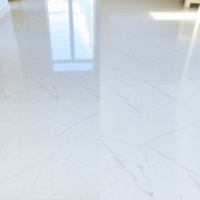 Bright hard floor with one side polished and shiny, the other dull and worn, lit by soft natural light highlighting the texture.
