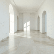 Bright interior with polished marble, granite, limestone, slate, and travertine floors showcasing varied textures and colors in soft natural light.