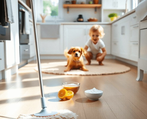 Bright kitchen floor with natural light, a mop, bowl of lemon and baking soda, and a child playing with a small dog on a cozy rug in the background.