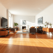 Bright living room with shiny laminate wood floors, modern furniture, and natural light creating a cozy, clean atmosphere.