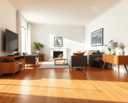 Bright living room with shiny laminate wood floors, modern furniture, and natural light creating a cozy, clean atmosphere.
