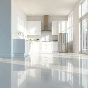 Bright modern kitchen with shiny vinyl floor reflecting natural light, featuring smooth seamless surfaces and a clean, durable design.