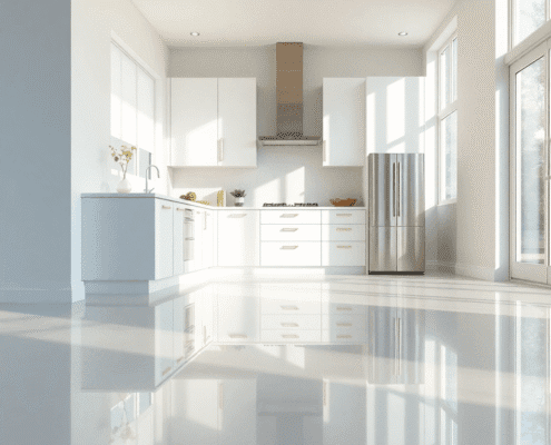 Bright modern kitchen with shiny vinyl floor reflecting natural light, featuring smooth seamless surfaces and a clean, durable design.