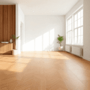 Bright modern room with eco-friendly Marmoleum flooring in natural textures and warm tones, emphasizing sustainability and cleanliness.