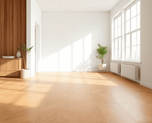 Bright modern room with eco-friendly Marmoleum flooring in natural textures and warm tones, emphasizing sustainability and cleanliness.