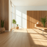Bright modern room with eco-friendly linoleum flooring in natural textures and warm tones, emphasizing sustainability and durability.