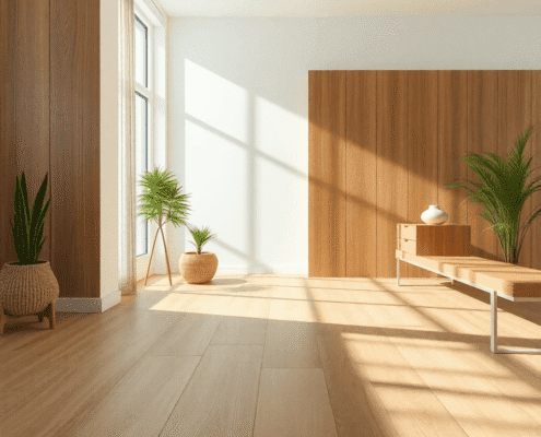 Bright modern room with eco-friendly linoleum flooring in natural textures and warm tones, emphasizing sustainability and durability.