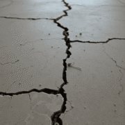 Close-up of a cracked stone floor with detailed fractures and small debris, highlighting natural textures and subtle lighting in a home setting.