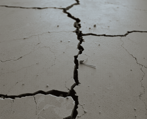 Close-up of a cracked stone floor with detailed fractures and small debris, highlighting natural textures and subtle lighting in a home setting.
