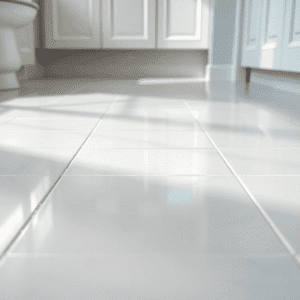 Close-up of clean, shiny ceramic and porcelain tiles with bright white grout lines in a well-lit bathroom or kitchen floor.