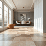 Close-up of elegant Amtico luxury vinyl flooring with stylish tile patterns and textures in a modern, well-lit home interior.