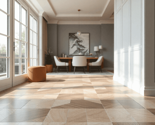 Close-up of elegant Amtico luxury vinyl flooring with stylish tile patterns and textures in a modern, well-lit home interior.