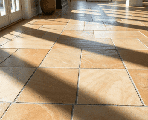 Close-up of elegant flagstone flooring with natural earthy tones and textures, illuminated by sunlight in a bright, modern home setting.
