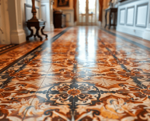 Close-up of glossy, colorful Victorian floor tiles with intricate patterns in a well-lit, elegant interior.