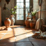 Close-up of rustic terracotta floor tiles being gently cleaned with natural brushes and soft cloths in a sunlit room with greenery and vintage pott...