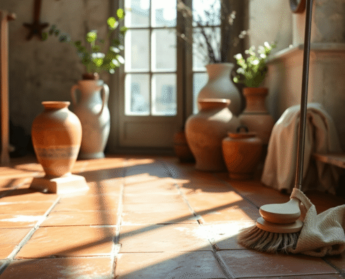 Close-up of rustic terracotta floor tiles being gently cleaned with natural brushes and soft cloths in a sunlit room with greenery and vintage pott...