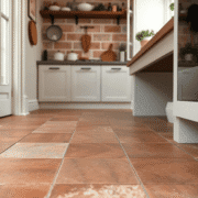 Close-up of rustic unglazed quarry tiles with natural clay texture and earthy tones in a well-lit kitchen or hallway.