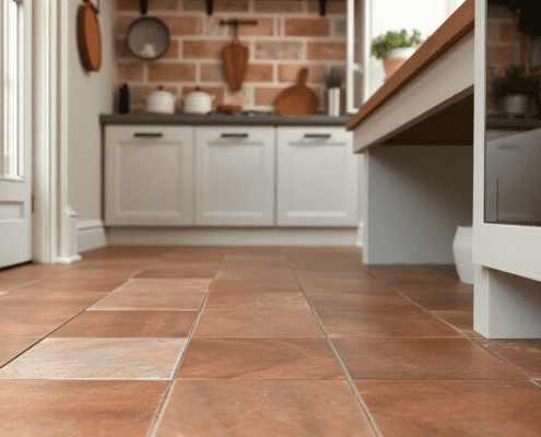 Close-up of rustic unglazed quarry tiles with natural clay texture and earthy tones in a well-lit kitchen or hallway.