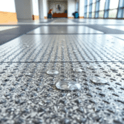 Close-up of textured safety flooring with water droplets, showcasing grip features and cleanliness in a bright indoor setting.