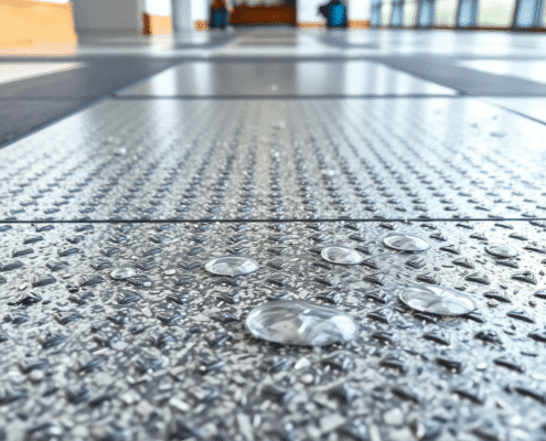 Close-up of textured safety flooring with water droplets, showcasing grip features and cleanliness in a bright indoor setting.