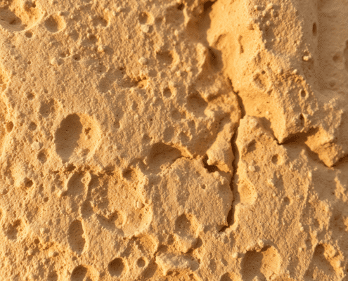 Close-up of warm-toned sandstone with natural texture and color variations, highlighted by soft natural lighting showing porous, grainy details.