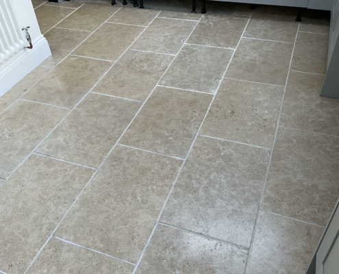 Limestone kitchen floor after cleaning honing and sealing in Yoxhall, Staffordshire