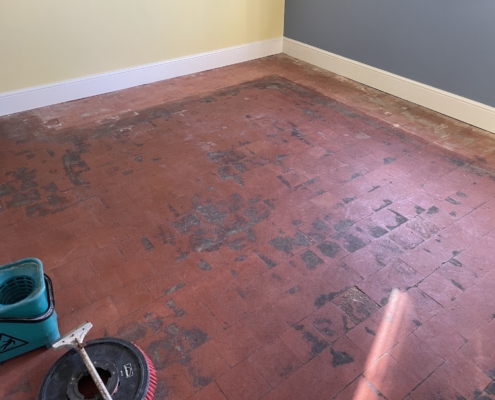 Quarry tile before cleaning and sealing in Nether, Alderley, Cheshire