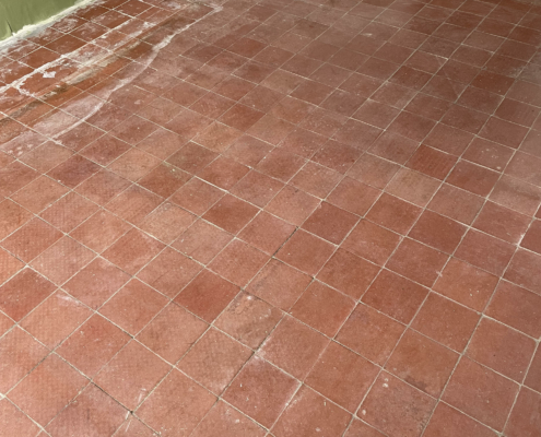 Quarry tiled floor before cleaning and sealing in Kingsley, Frodsham, Cheshire