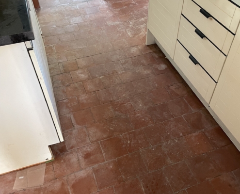 Quarry tiles before cleaning and sealing in Utkinton, near Tarporley, Cheshire