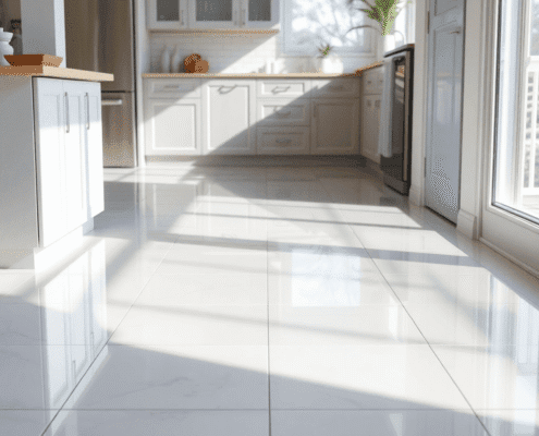 Shiny ceramic tile floor in a modern home with natural light reflecting, highlighting cleanliness and durability.
