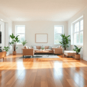 Shiny polished hardwood floor in a cozy living room with modern furniture and green plants, bathed in soft natural light.