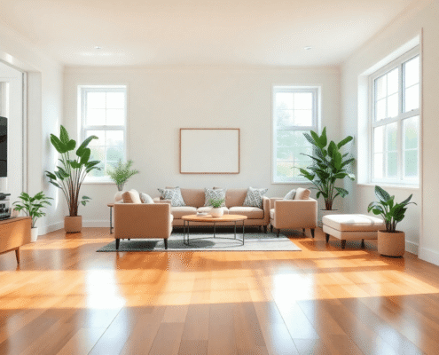 Shiny polished hardwood floor in a cozy living room with modern furniture and green plants, bathed in soft natural light.