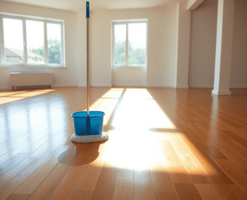 Sunlit modern apartment with shiny hardwood floor, mop, and bucket nearby, highlighting professional floor cleaning.