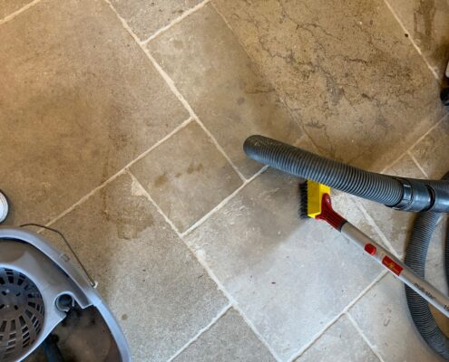Before Travertine floor cleaning, honing & sealing in Redditch, Worcestershire