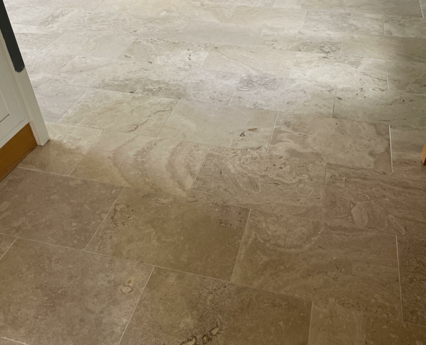 Travertine floor cleaning, hole filling, honing and sealing in Audlem