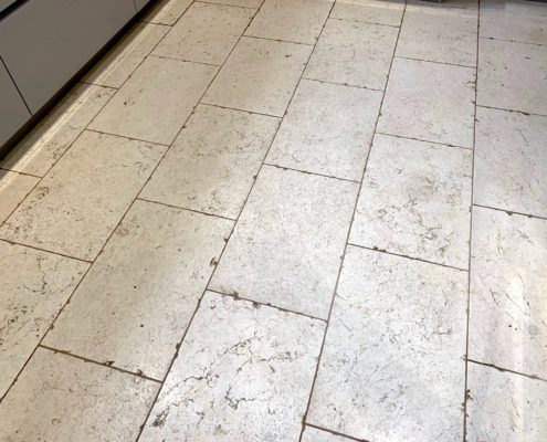 Limestone kitchen floor cleaning, honing & sealing in Stourbridge, West Midlands, before1