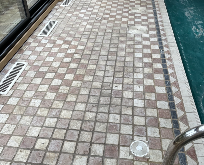 Swimming pool limestone tile cleaning in Cheshire Tile & Stone Medic