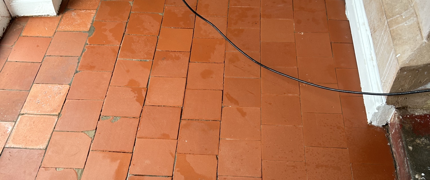 Quarry tiled floors deep cleaned, stripped and sealed/colour enhanced in Great Haywood, Staffordshire, after