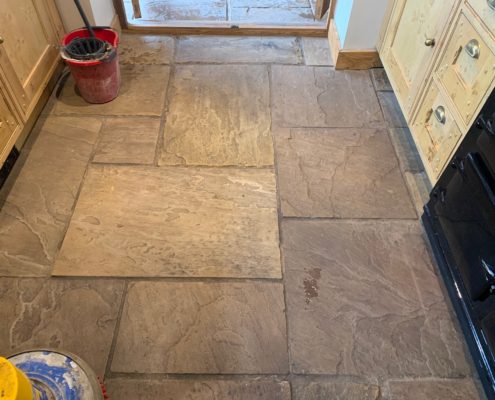Sandstone kitchen floor deep cleaning, sealing & polishing (satin) in Aston Cantlow, Warwickshire, before