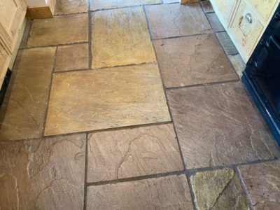 Sandstone kitchen floor deep cleaning, sealing & polishing (satin) in Aston Cantlow, Warwickshire, after1