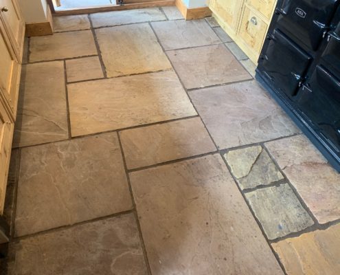 Sandstone kitchen floor deep cleaning, sealing & polishing (satin) in Aston Cantlow, Warwickshire, deep cleaned