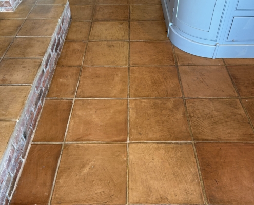 Terracotta kitchen floor deep cleaned, stripped and sealed in Ribble Valley Lancashire, before