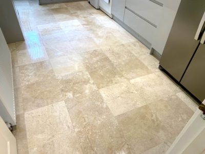 Travertine kitchen floor deep cleaning, honing, repairing and sealing in Redditch, Worcestershire, after