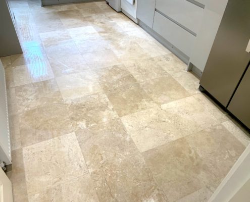 Travertine kitchen floor deep cleaning, honing, repairing and sealing in Redditch, Worcestershire, after