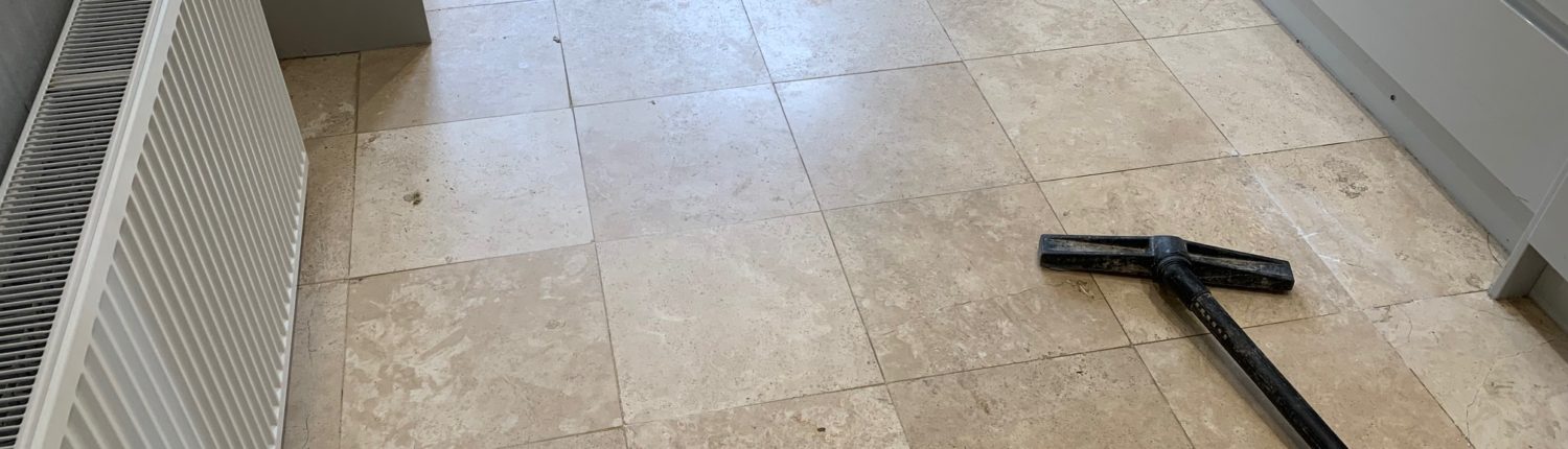 Travertine kitchen floor deep cleaning, honing, repairing and sealing in Redditch, Worcestershire, before Travertine kitchen floor deep cleaning, honing, repairing and sealing in Redditch, Worcestershire, before